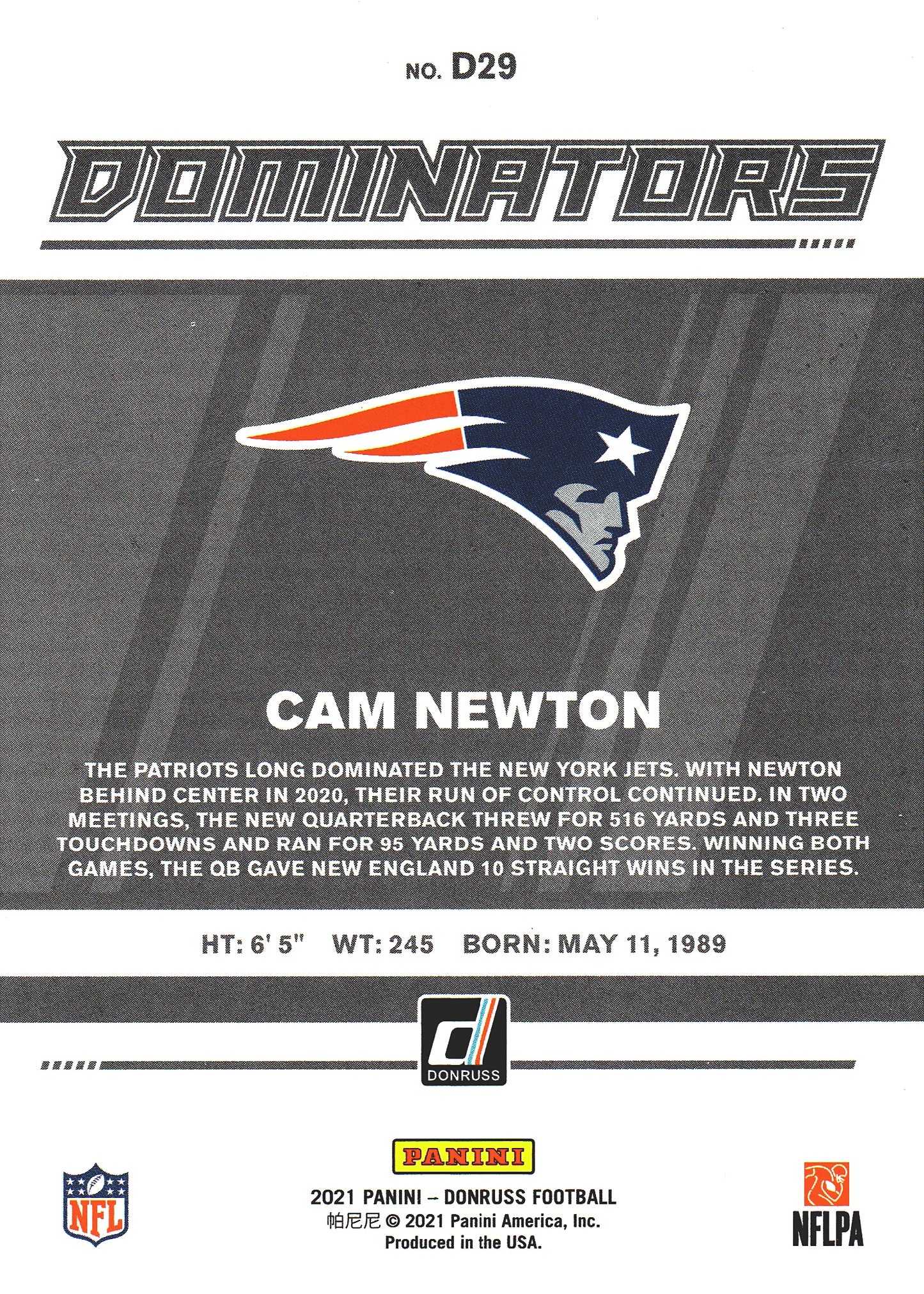 2021 Panini Donruss Dominators Cam Newton #D29 New England Patriots