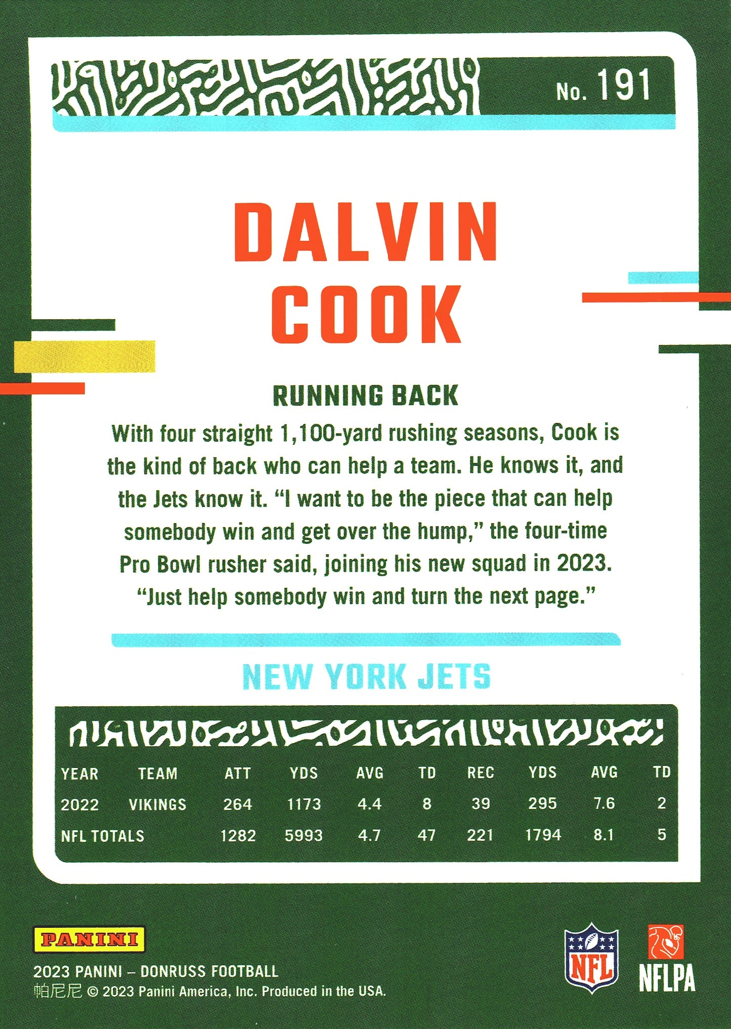 2023 Panini Donruss Red Press Proof Dalvin Cook #191 Minnesota Vikings