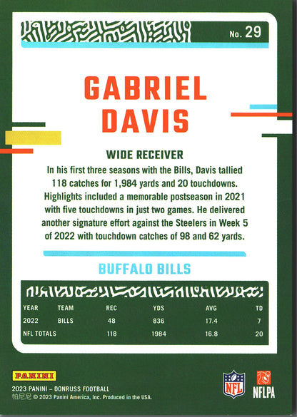 2023 Panini Donruss Purple /500 Gabriel Davis #29 Buffalo Bills