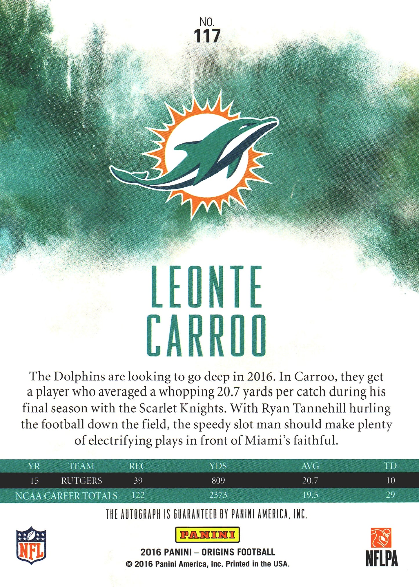 2016 Panini Origins Autograph RC /99 Leonte Carroo #117 Miami Dolphins