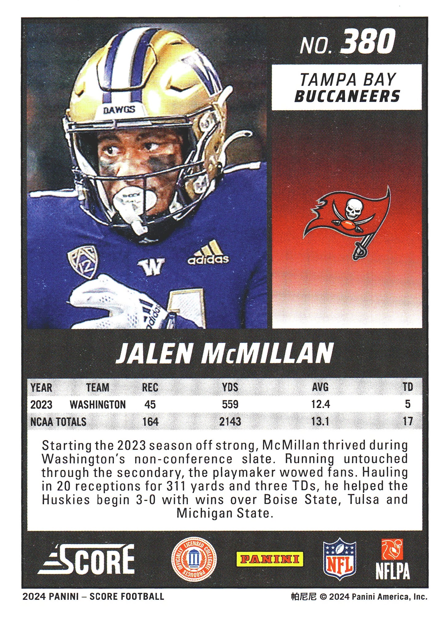 2024 Panini Score Green Jalen McMillan #380 Tampa Bay Buccaneers