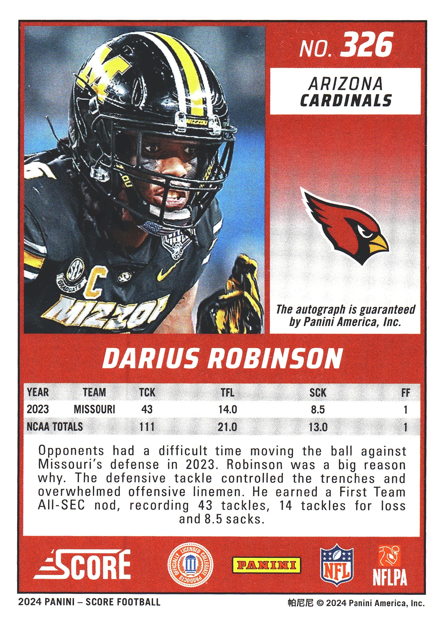 2024 Panini Score Green Autograph Darius Robinson RC #326 Arizona Cardinals