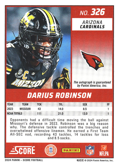 2024 Panini Score Green Autograph Darius Robinson RC #326 Arizona Cardinals