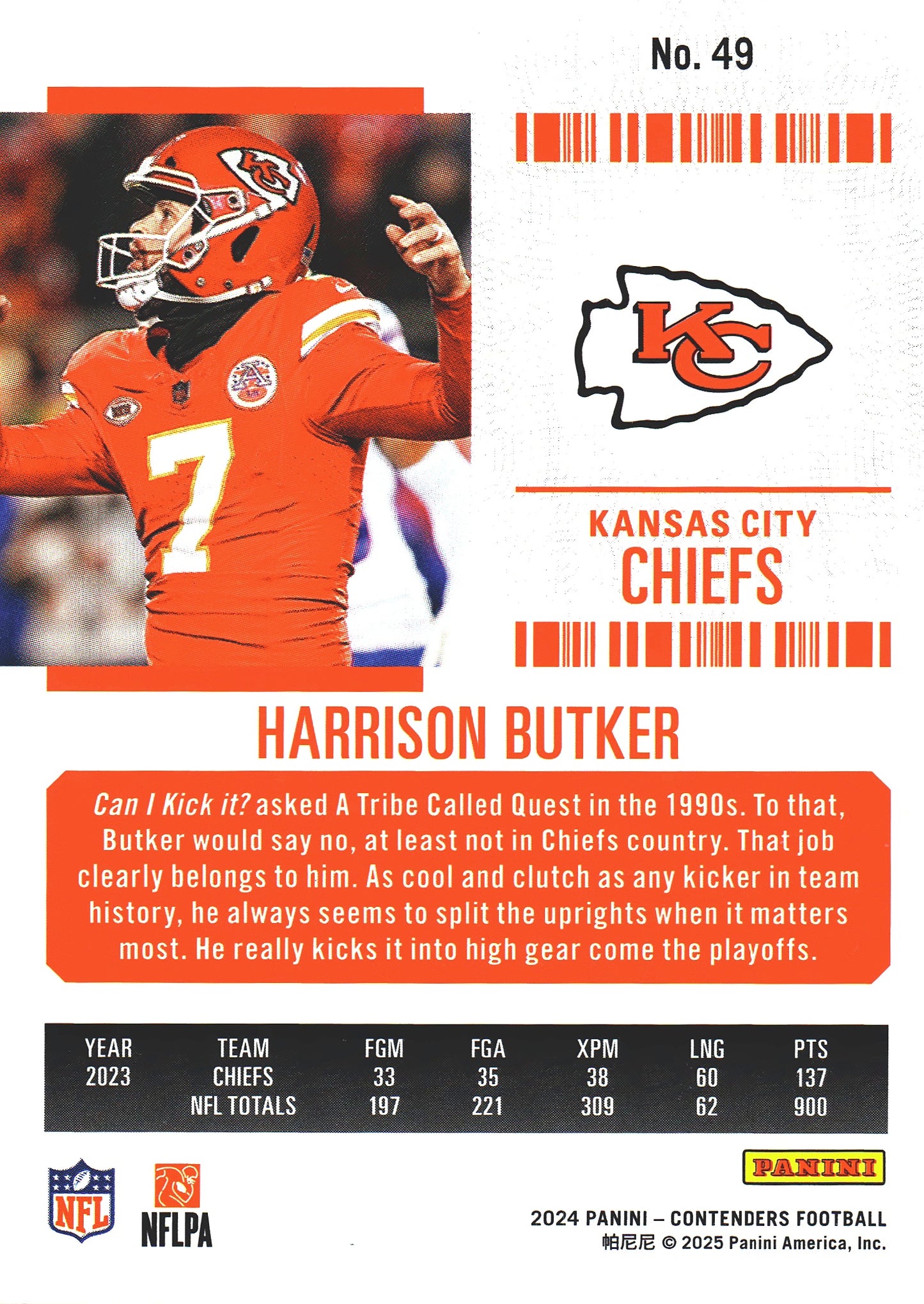 2024 Panini Contenders Mojo Harrison Butker #49 Kansas City Chiefs