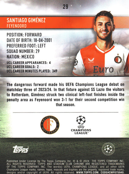 2023 Topps Chrome Stadium Club UCC Aqua Wave /250 Santiago Gimenez #29 Feyenoord