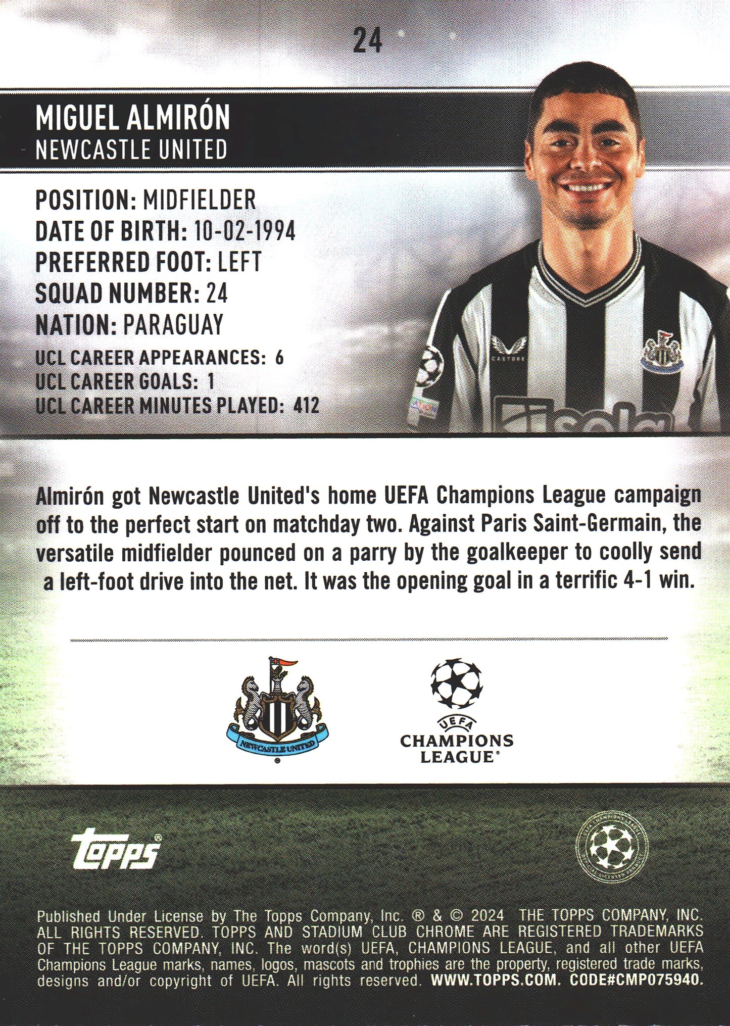 2023 Topps Chrome Stadium Club UCC Aqua Wave /250 Miguel Almiron #24 Newcastle United