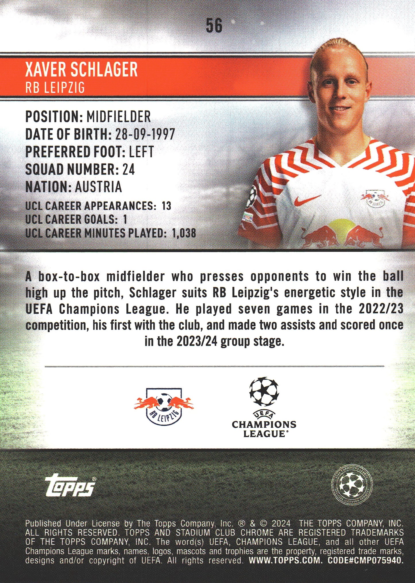 2023 Topps Chrome Stadium Club UCC Aqua Wave /250 Xaver Schlager #56 RB Leipzig