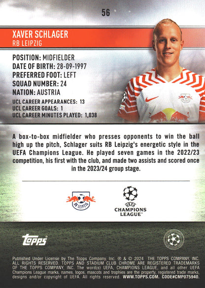 2023 Topps Chrome Stadium Club UCC Aqua Wave /250 Xaver Schlager #56 RB Leipzig