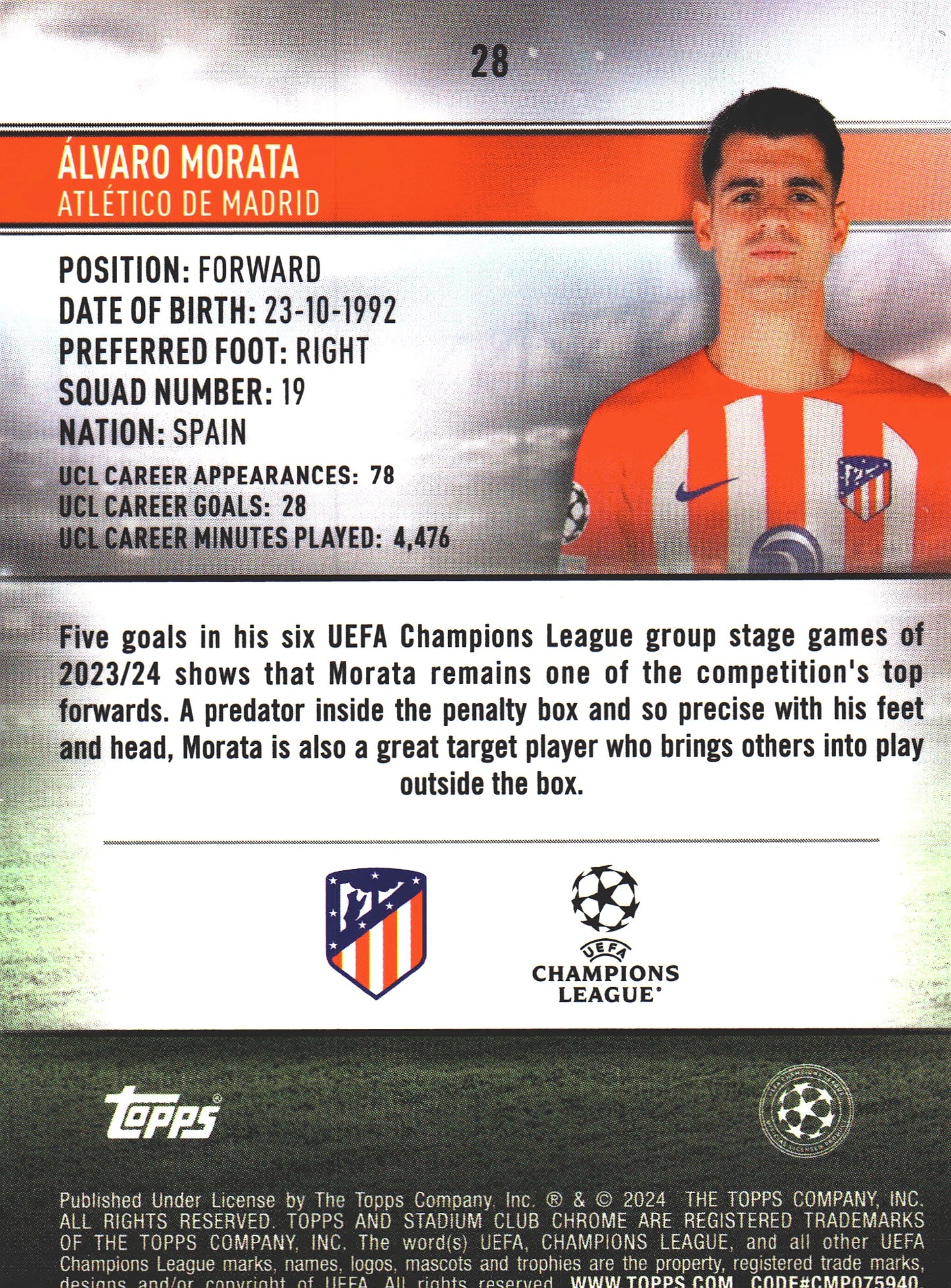 2023 Topps Chrome Stadium Club UCC Aqua Wave /250 Alvaro Morata #28 Atletico Madrid