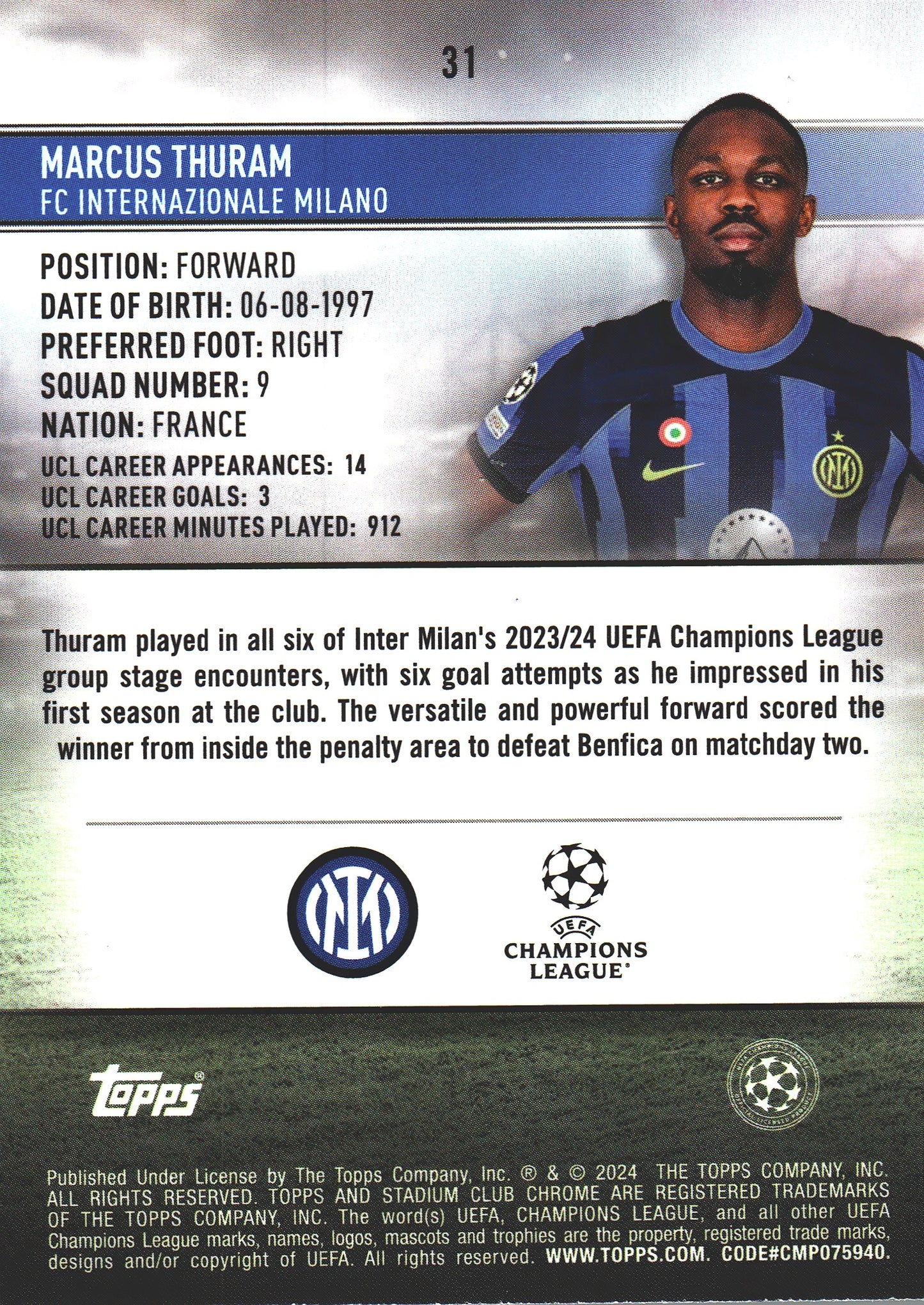 2023 Topps Chrome Stadium Club UCC Aqua/Green /199 Marcus Thuram #31 Inter Milan