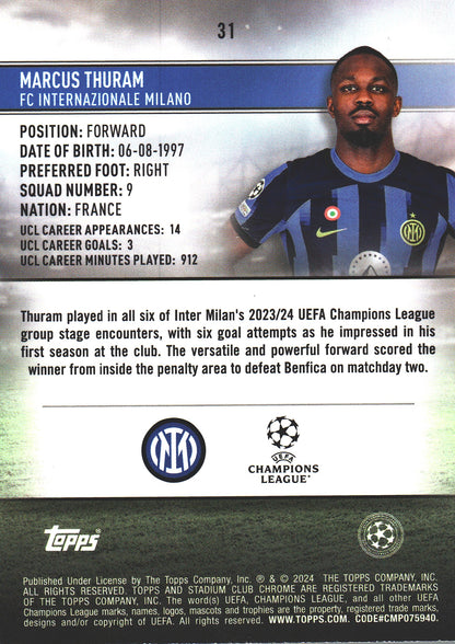 2023 Topps Chrome Stadium Club UCC Aqua/Green /199 Marcus Thuram #31 Inter Milan