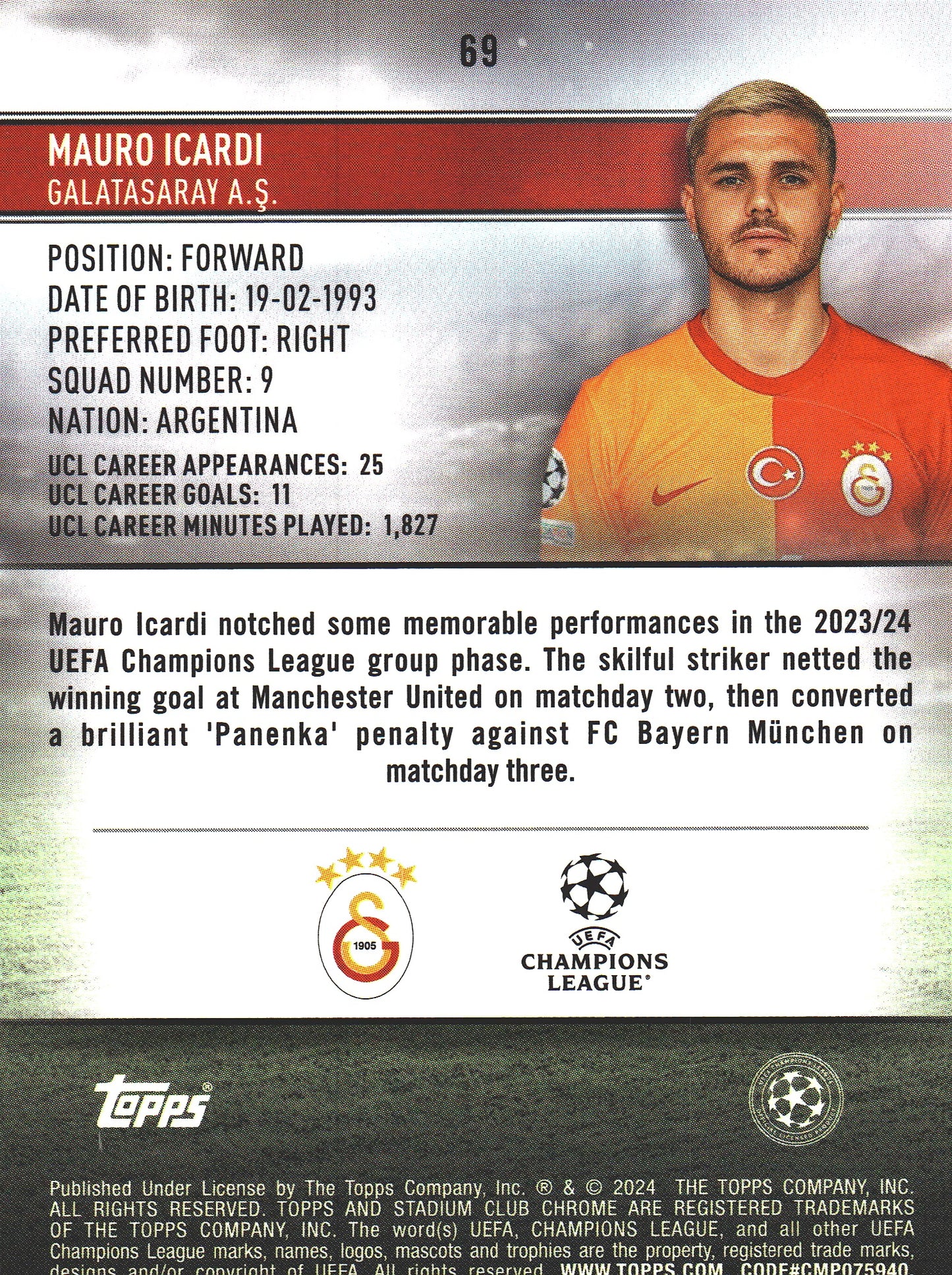 2023 Topps Chrome Stadium Club UCC Royal Blue /175 Mauro Icardi #69 Galatasaray