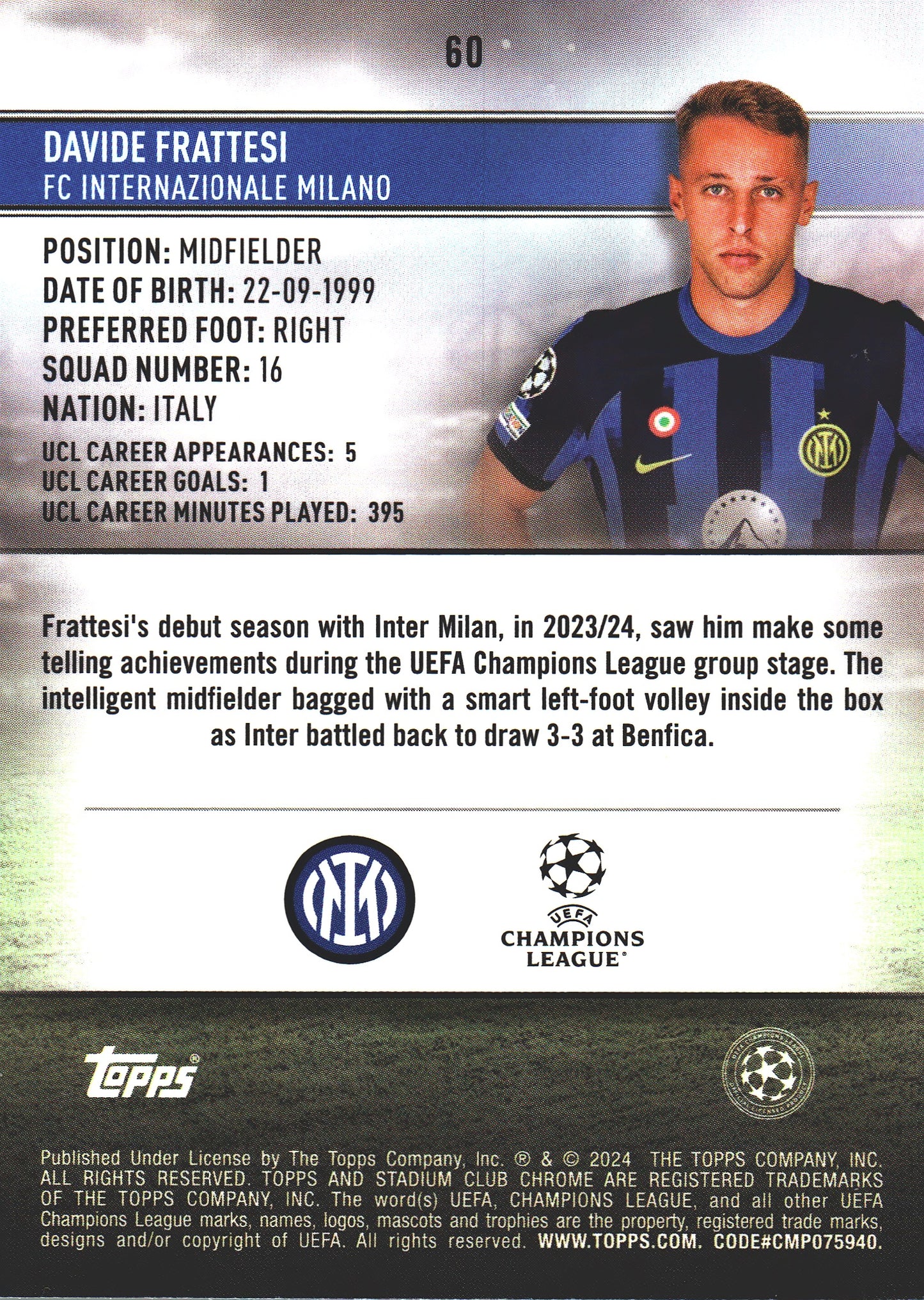 2023 Topps Chrome Stadium Club UCC Royal Blue /175 Davide Frattesi #60 Inter Milan
