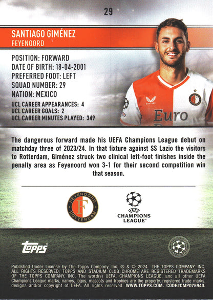 2023 Topps Chrome Stadium Club UCC Neon Green /99 Santiago Gimenez #29 Feyenoord