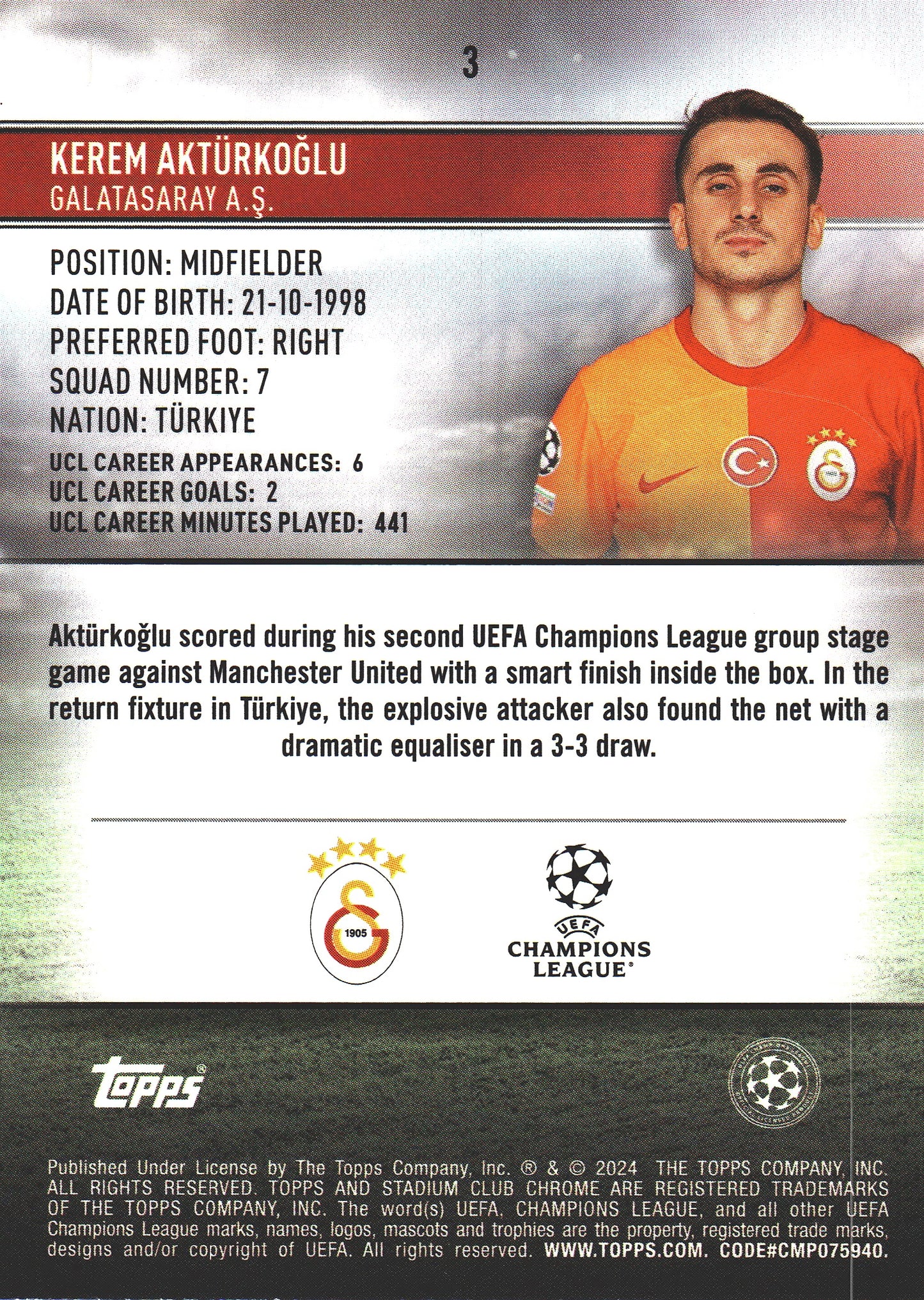 2023 Topps Chrome Stadium Club UCC Sepia Prism /75 Kerem Akturkoglu #3 Galatasaray