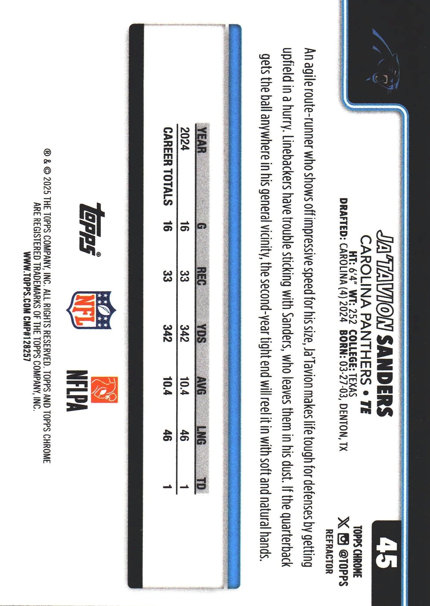 2025 Topps Chrome NFL Refractor Ja'Tavion Sanders #45 Carolina Panthers