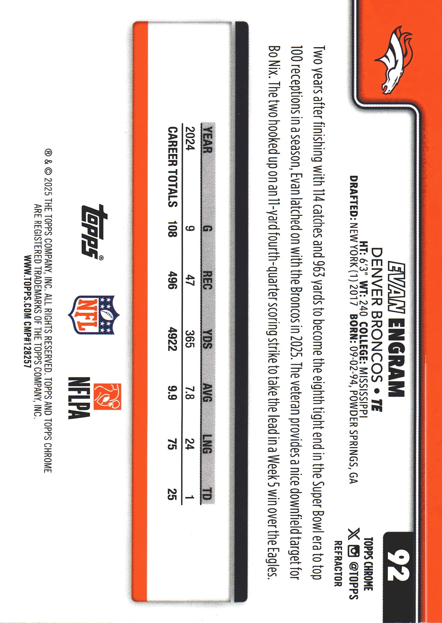 2025 Topps Chrome NFL Refractor Evan Engram #92 Denver Broncos