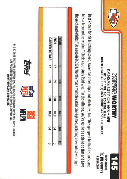 2025 Topps Chrome NFL Refractor Xavier Worthy #145 Kansas City Chiefs