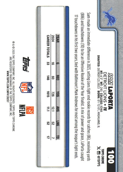 2025 Topps Chrome NFL Pulsar Sam LaPorta #100 Detroit Lions