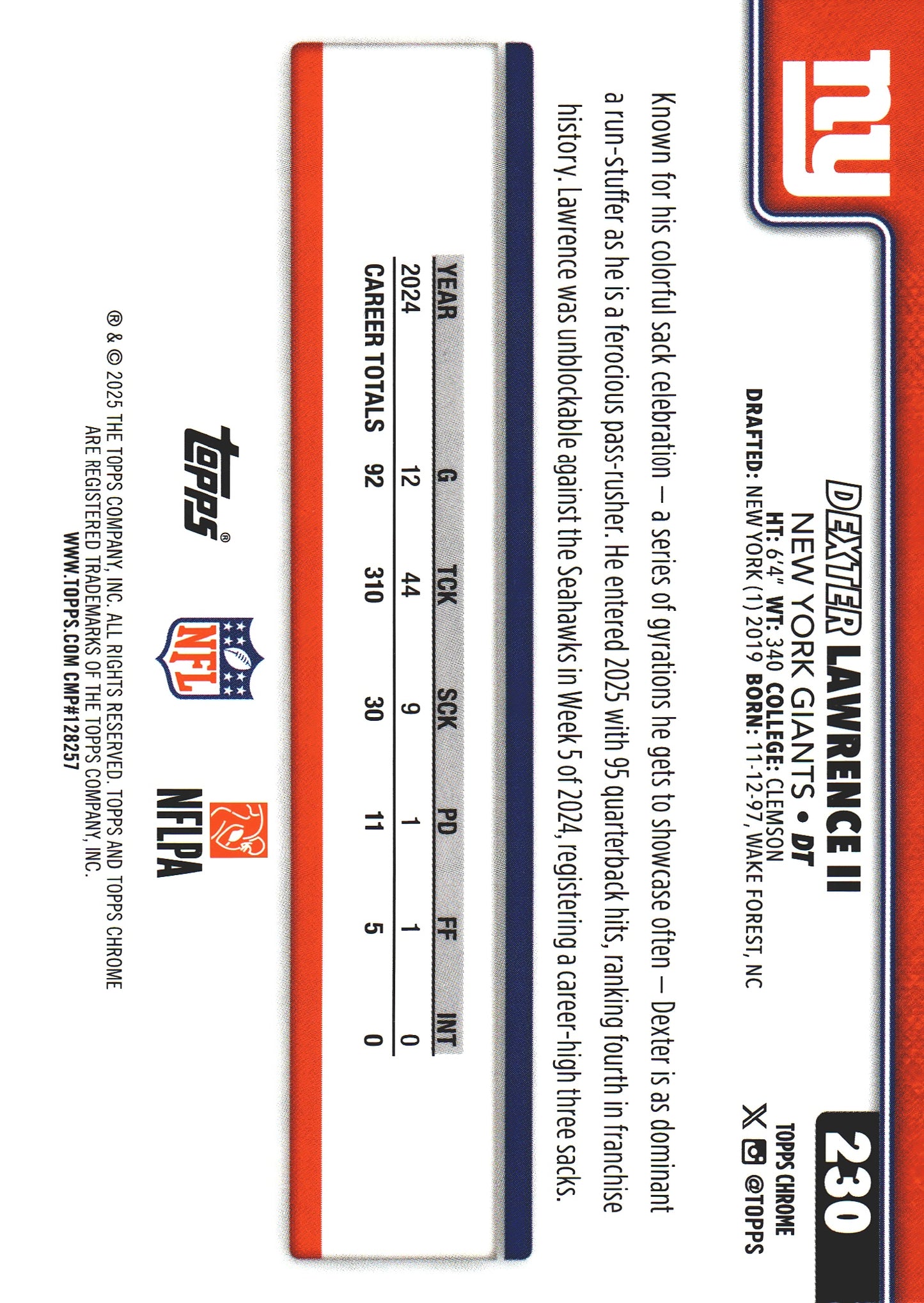2025 Topps Chrome NFL Football Leather Dexter Lawrence II #230 New York Giants