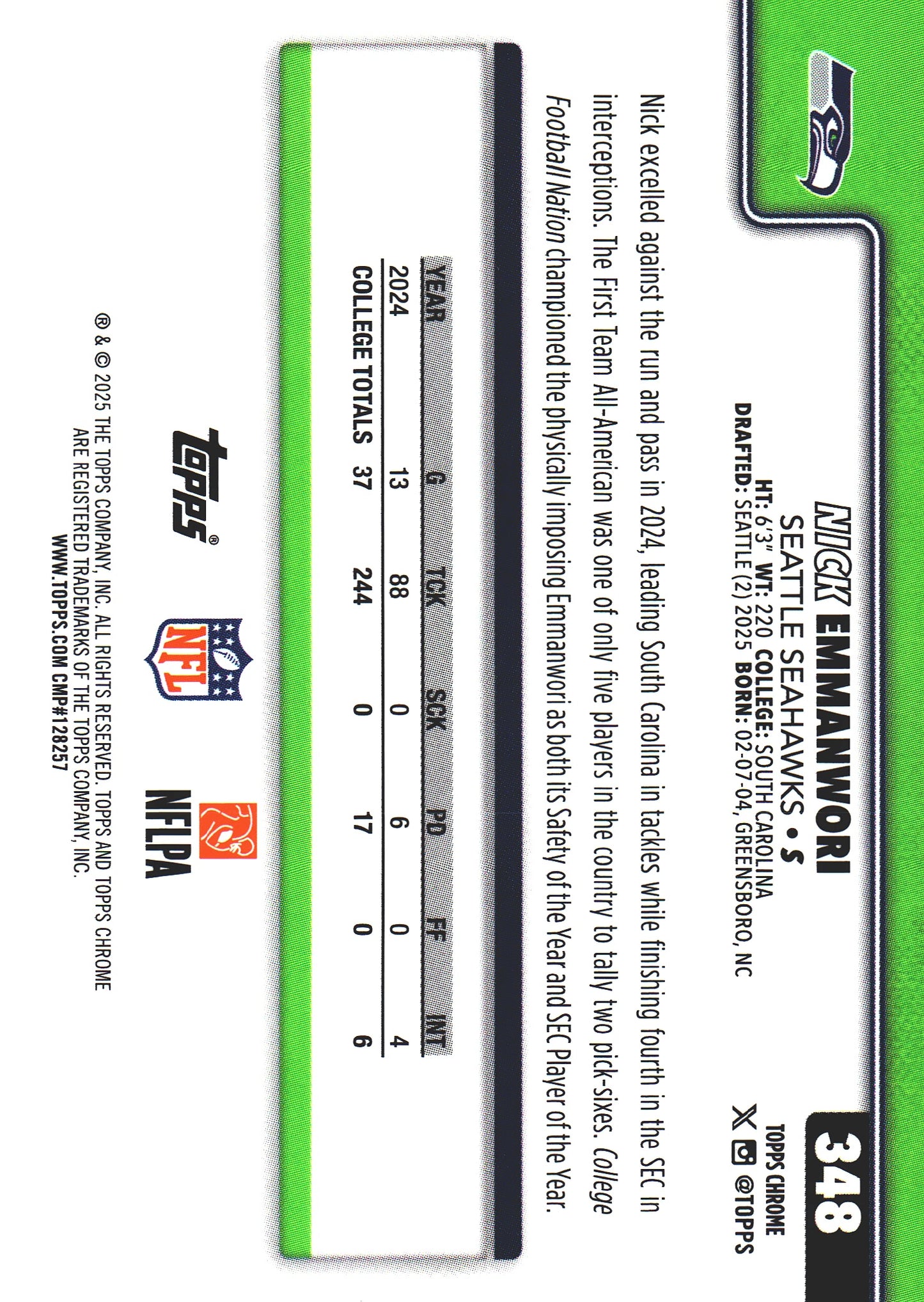 2025 Topps Chrome NFL Football Leather Nick Emmanwori #348 Seattle Seahawks