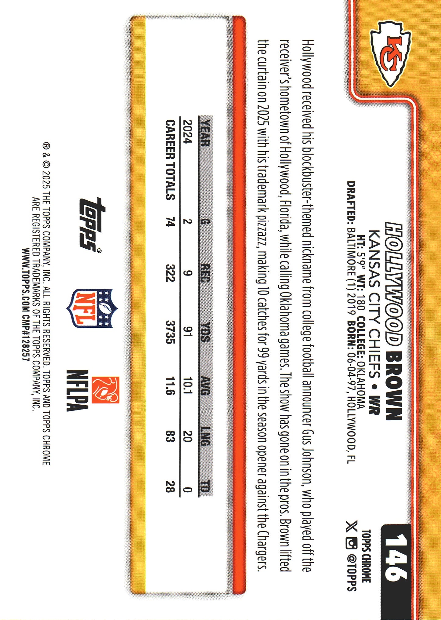 2025 Topps Chrome NFL Aqua /199 Marquise Hollywood Brown #146 Kansas City Chiefs