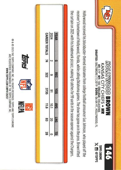 2025 Topps Chrome NFL Aqua /199 Marquise Hollywood Brown #146 Kansas City Chiefs