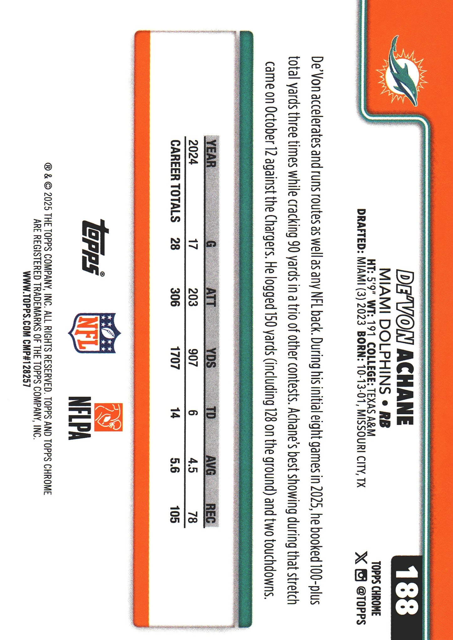 2025 Topps Chrome NFL De'Von Achane #188 Miami Dolphins
