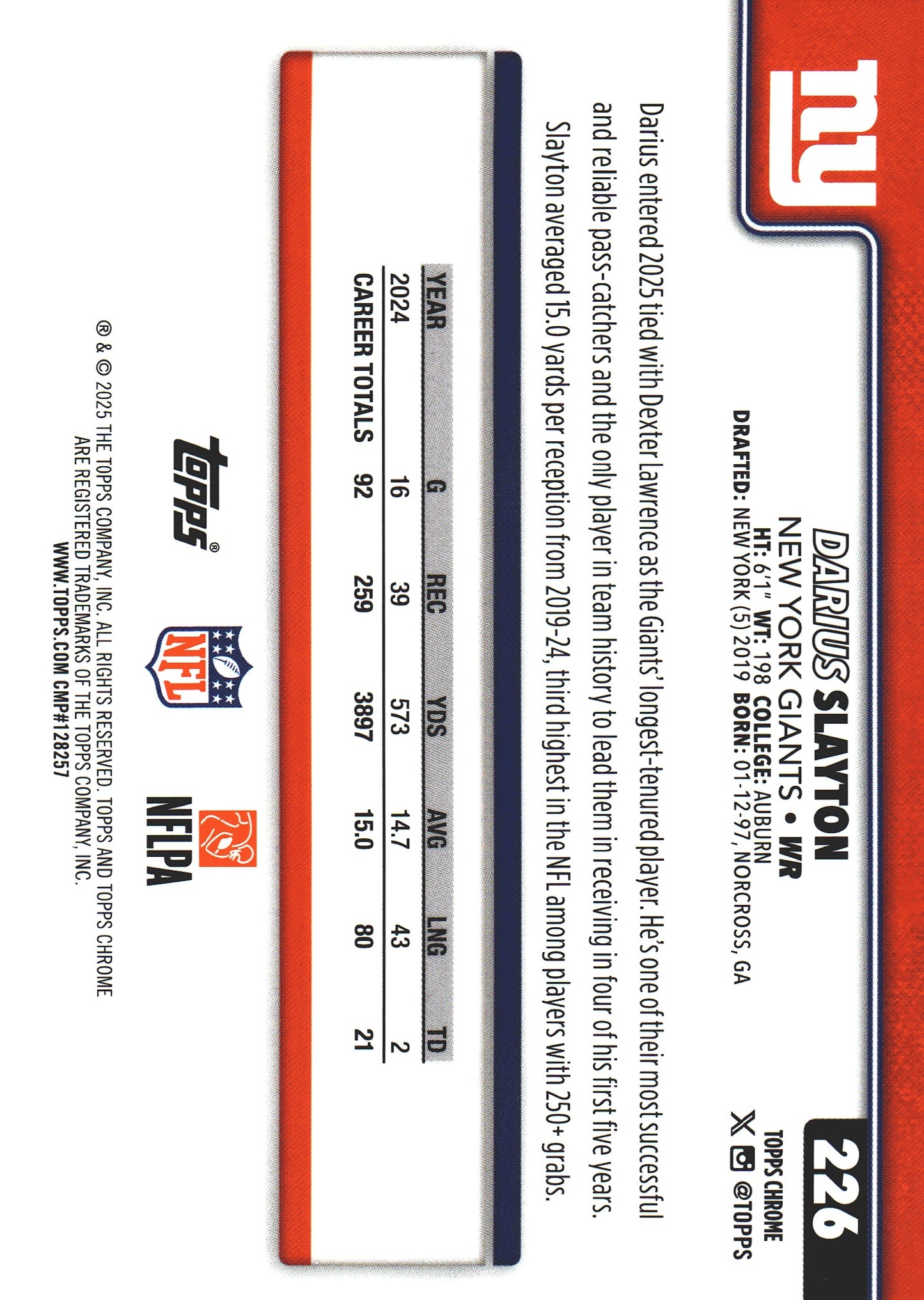 2025 Topps Chrome NFL Darius Slayton #226 New York Giants