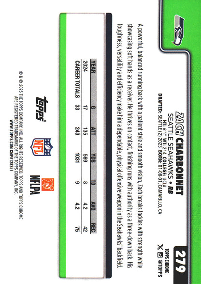 2025 Topps Chrome NFL Zach Charbonnet #279 Seattle Seahawks