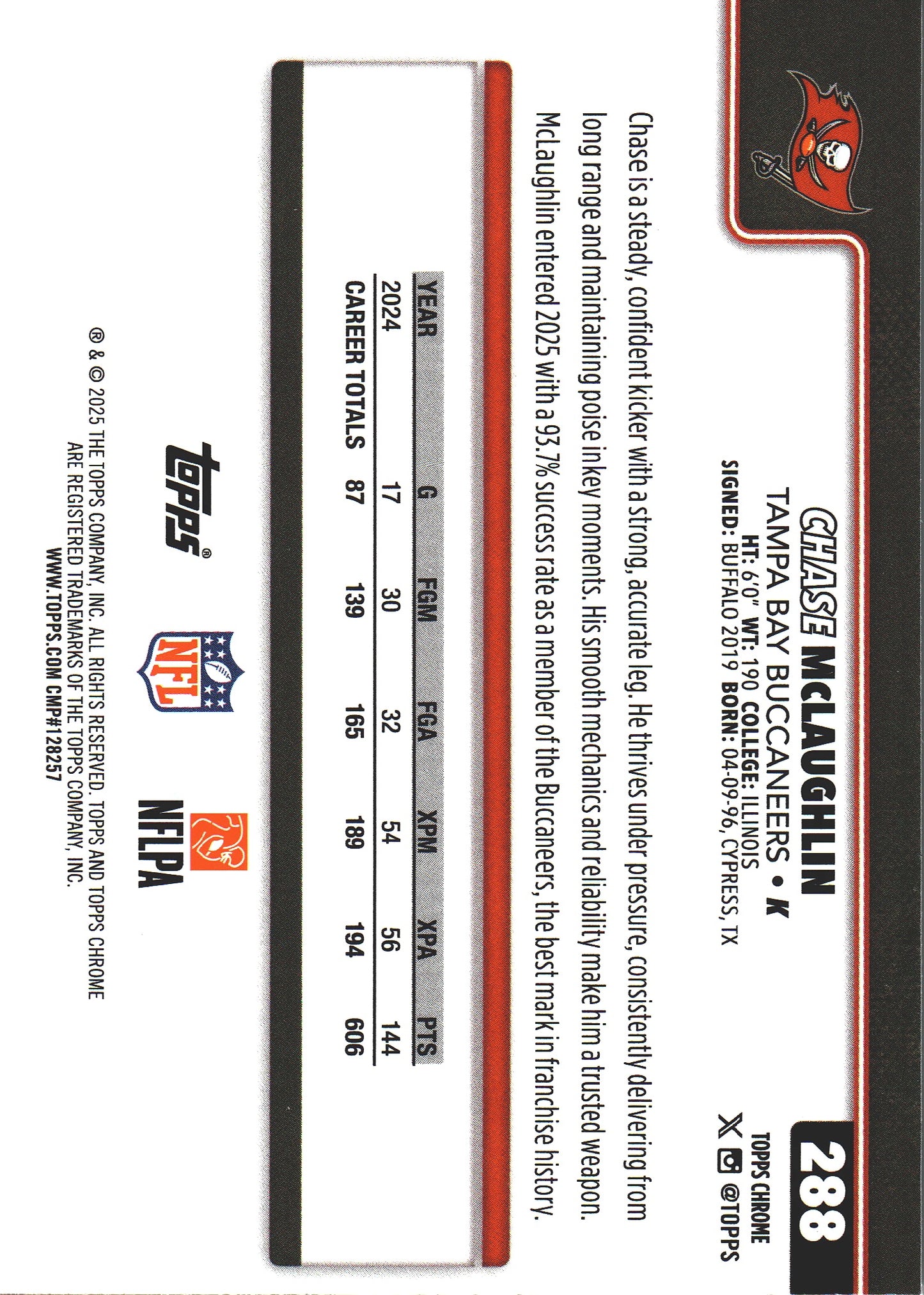 2025 Topps Chrome NFL Chase McLaughlin #288 Tampa Bay Buccaneers