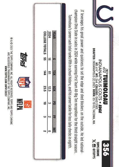 2025 Topps Chrome NFL JT Tuimoloau RC #356 Indianapolis Colts