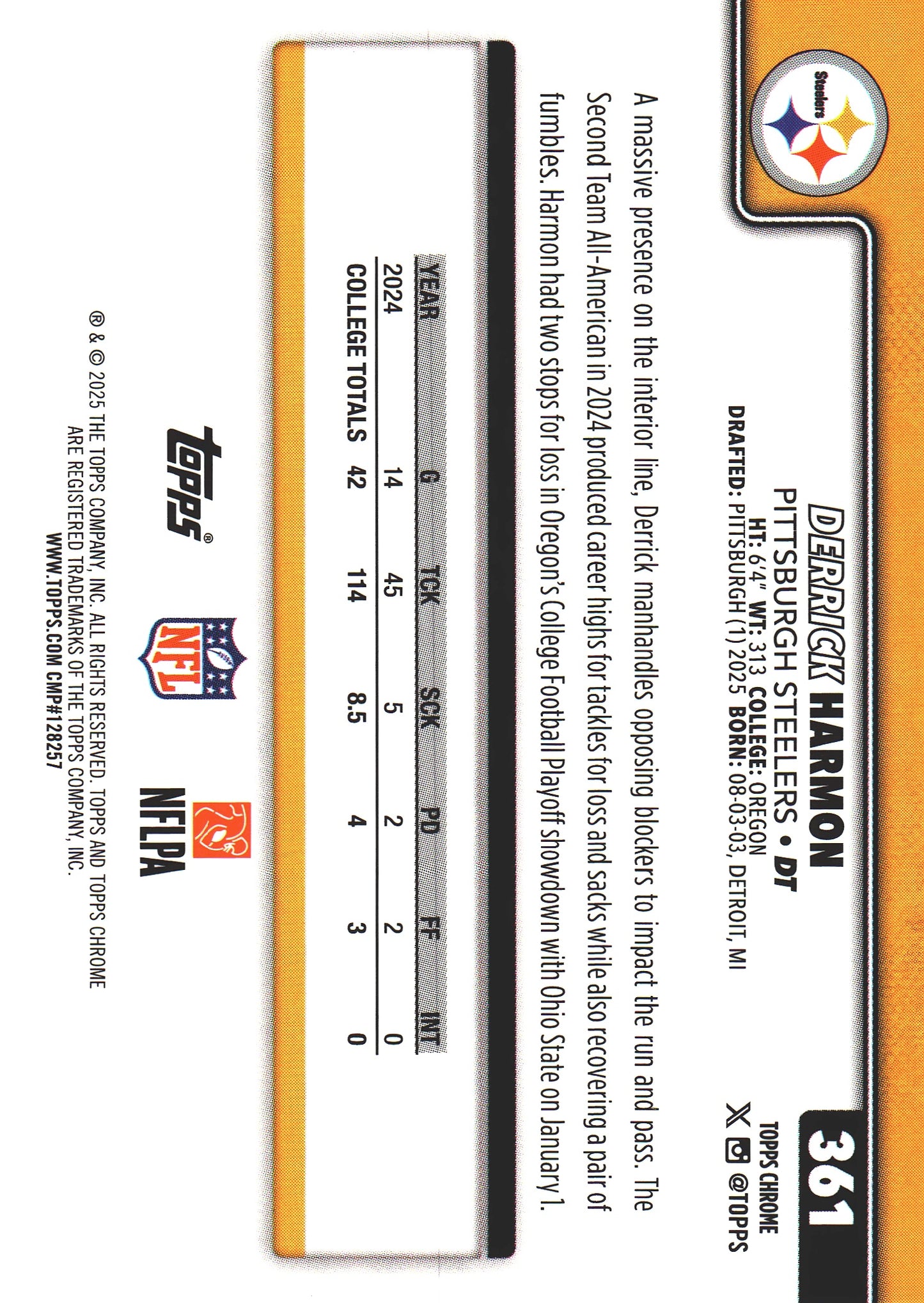 2025 Topps Chrome NFL Derrick Harmon RC #361 Pittsburgh Steelers
