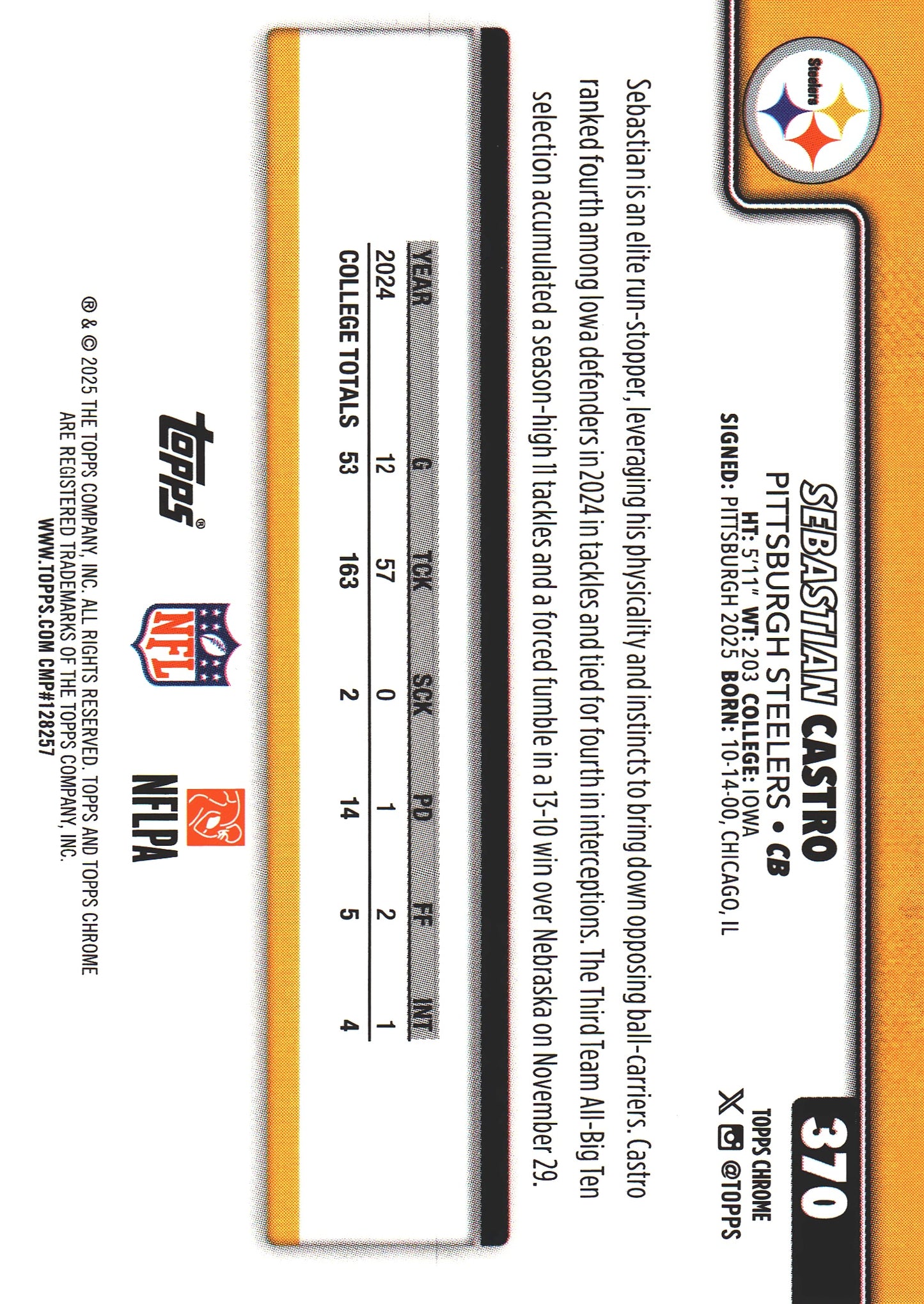 2025 Topps Chrome NFL Sebastian Castro RC #370 Pittsburgh Steelers