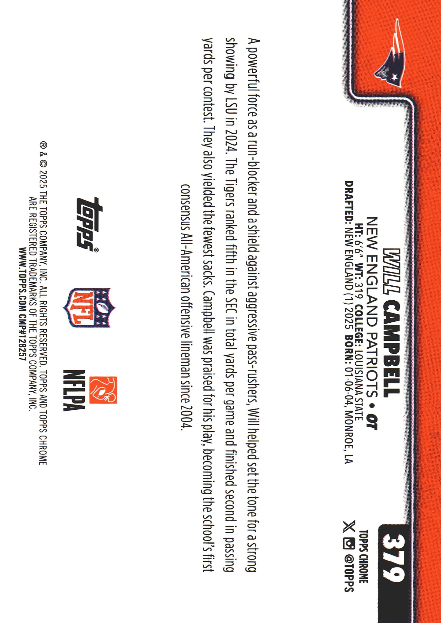 2025 Topps Chrome NFL Will Campbell RC #379 New England Patriots