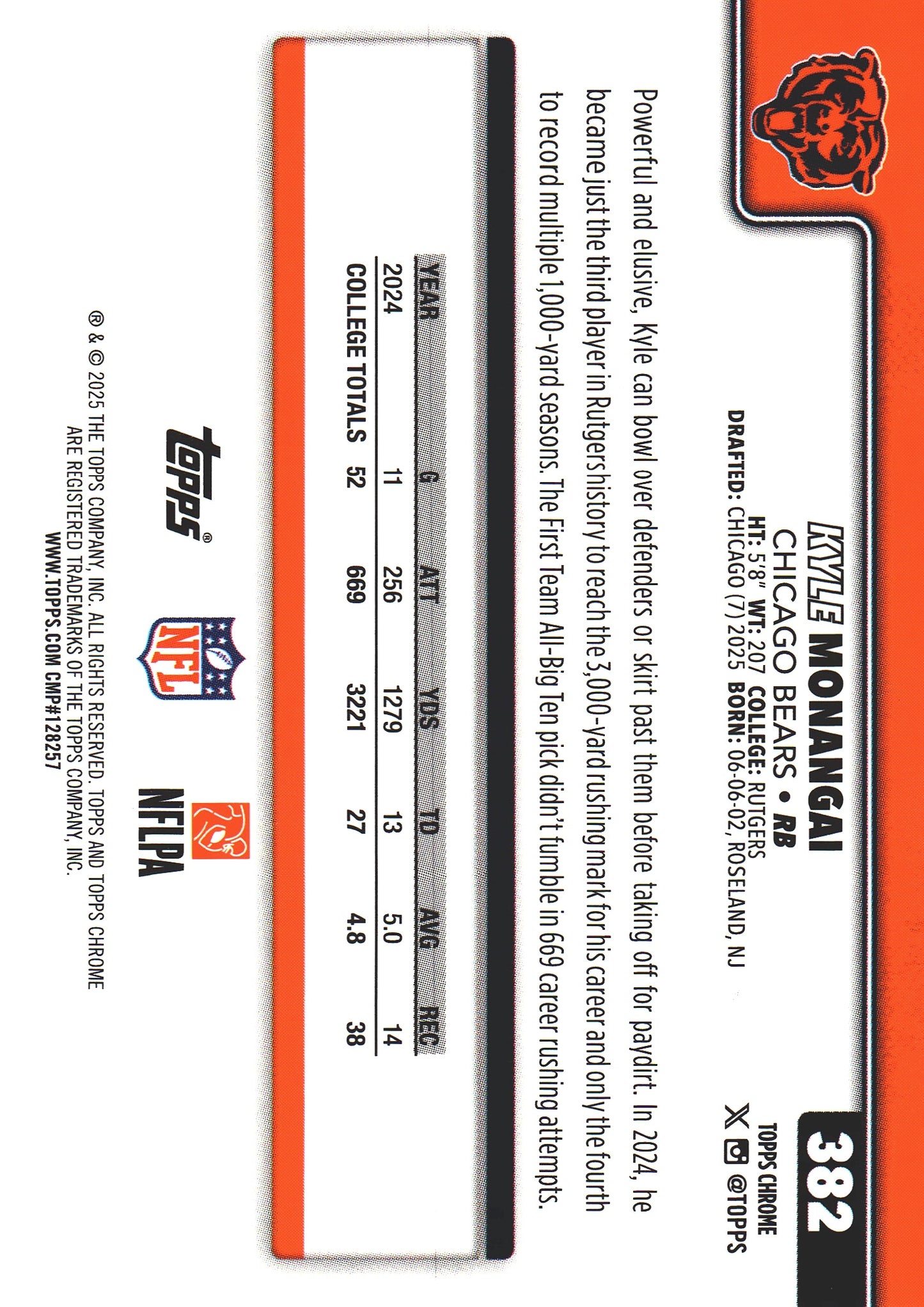 2025 Topps Chrome NFL Kyle Monangai RC #382 Chicago Bears