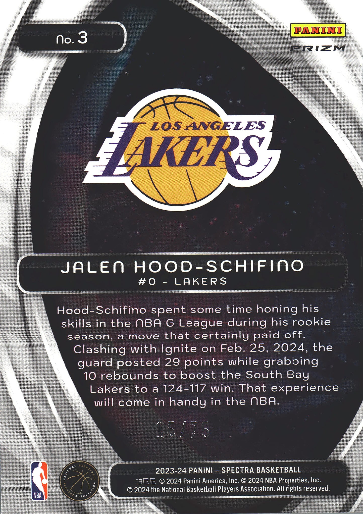 2023 Panini Spectra Titan Green /75 Jalen Hood-Schifino #3 Los Angeles Lakers