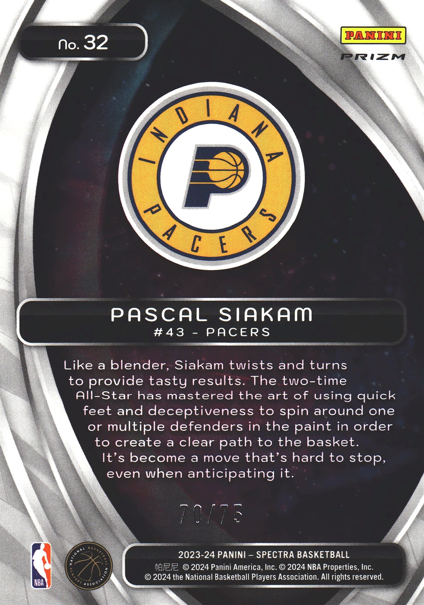 2023 Panini Spectra Titan Green /75 Pascal Siakam #32 Indiana Pacers