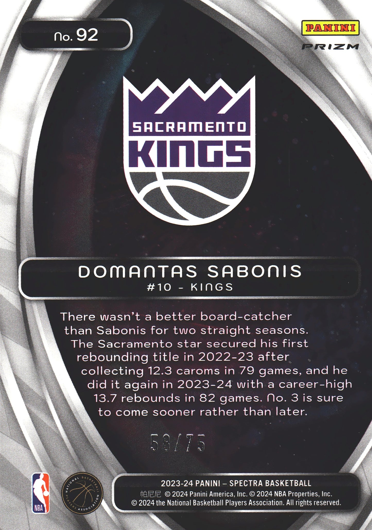 2023 Panini Spectra Titan Green /75 Domantas Sabonis #92 Sacramento Kings