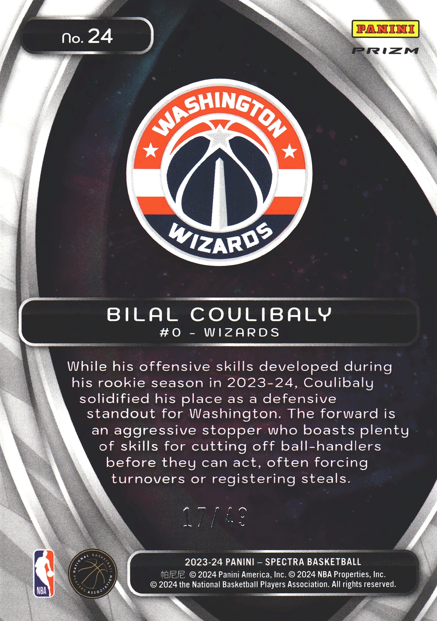 2023 Panini Spectra Titan Red and Yellow /49 Bilal Coulibaly #24 Washington Wizards