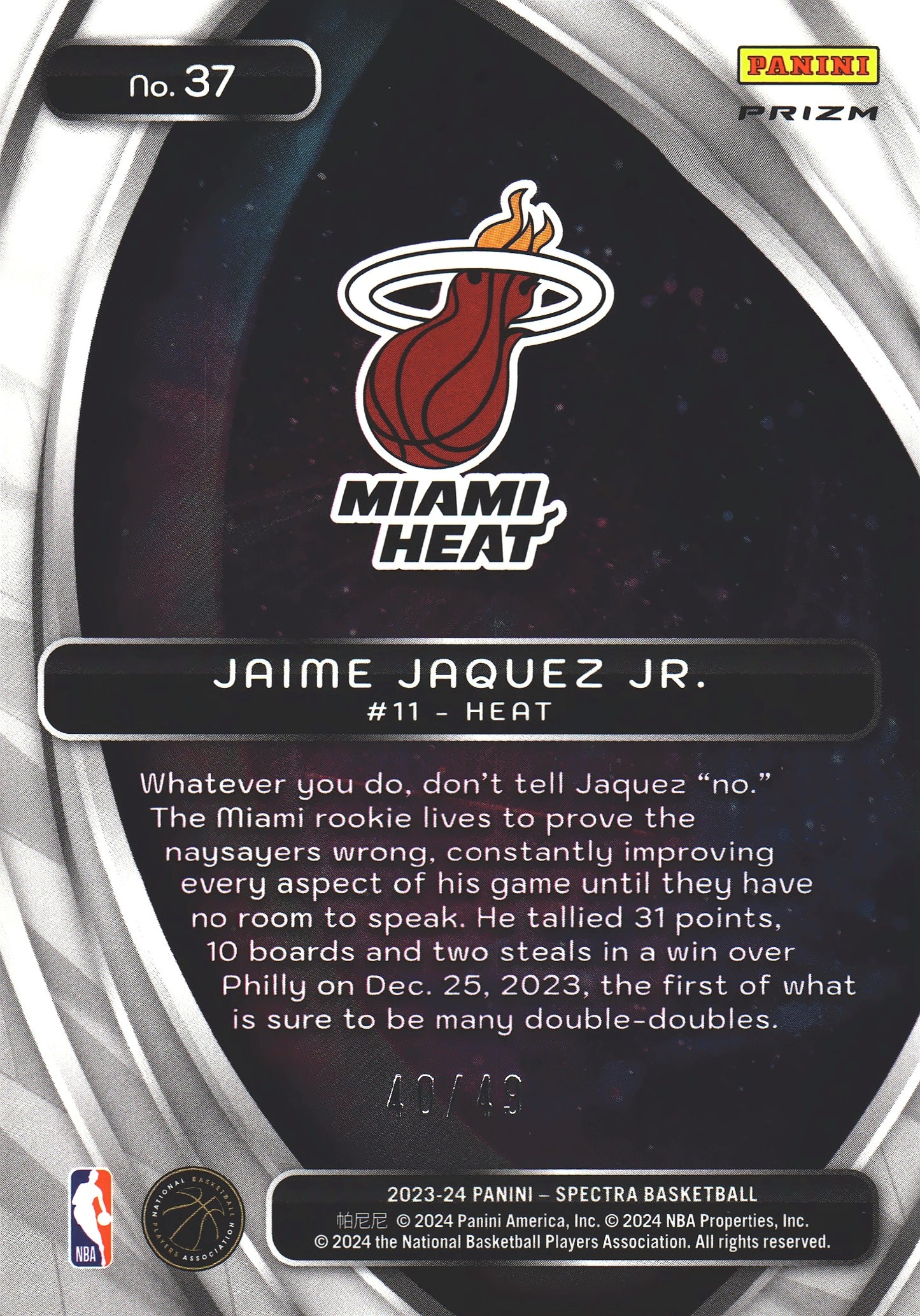 2023 Panini Spectra Titan Red and Yellow /49 Jaime Jaquez Jr. #37 Miami Heat