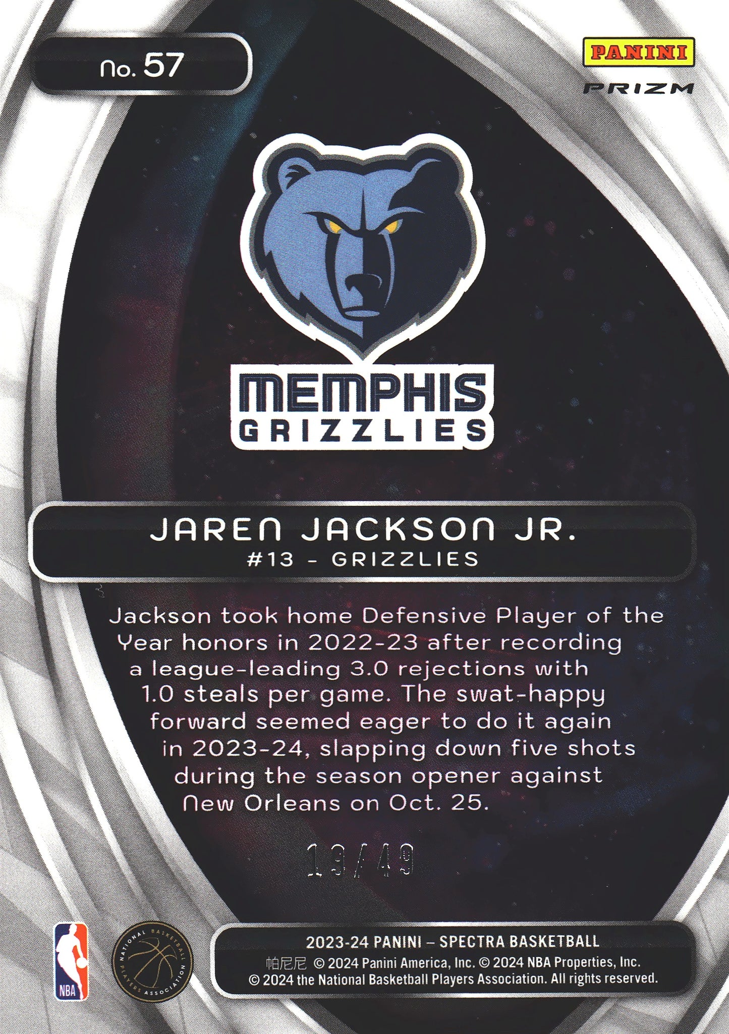 2023 Panini Spectra Titan Red and Yellow /49 Jaren Jackson Jr. #57 Memphis Grizzlies