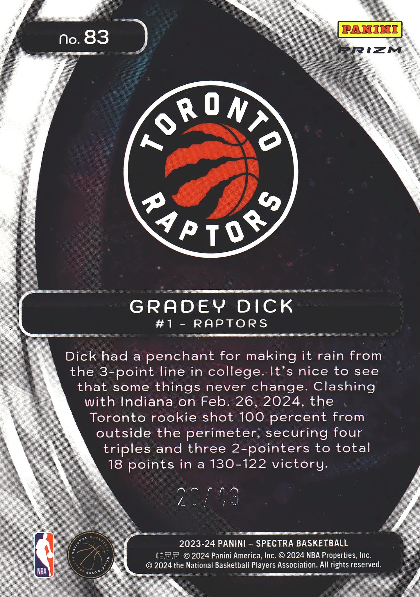 2023 Panini Spectra Titan Red and Yellow /49 Gradey Dick RC #83 Toronto Raptors