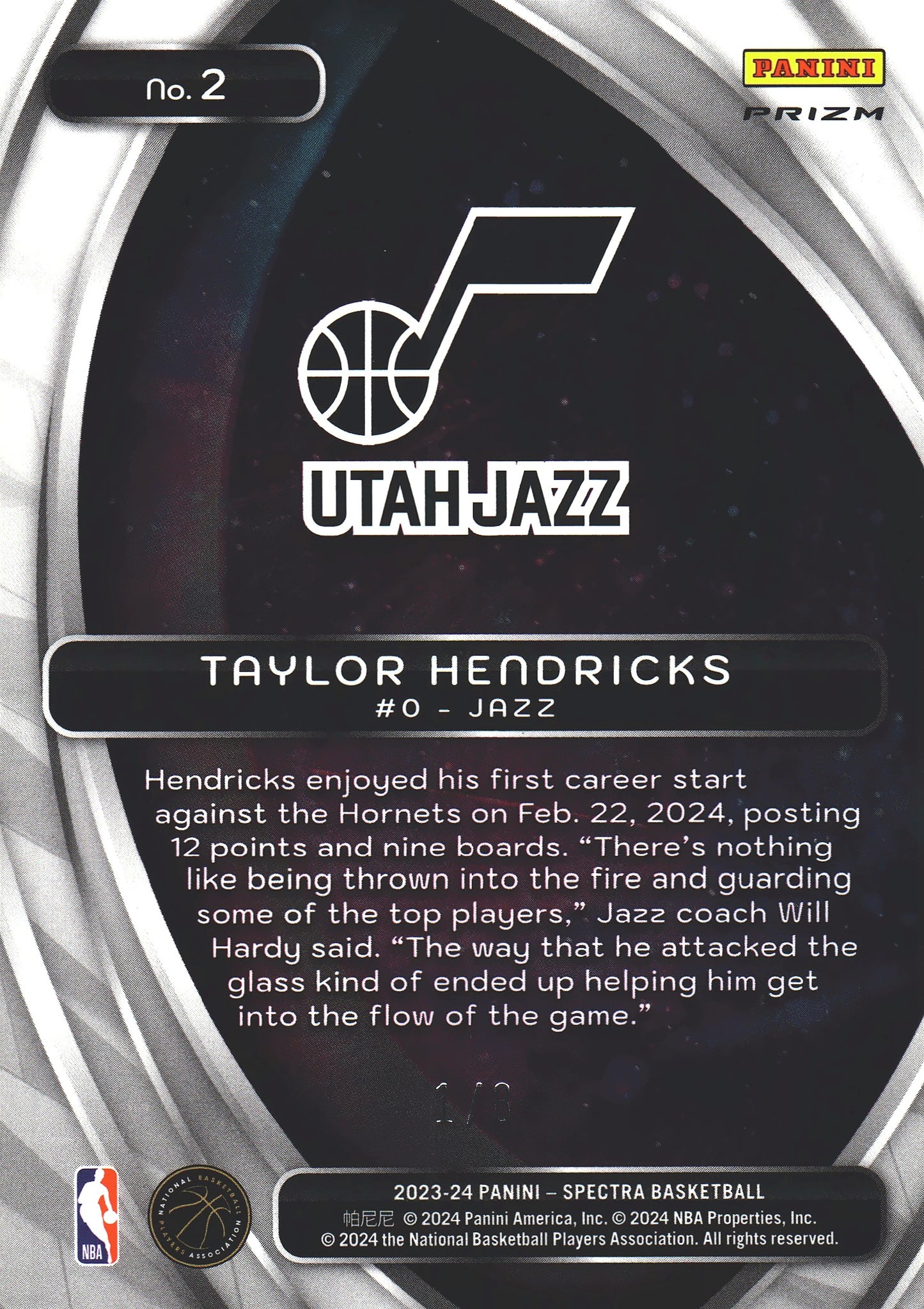 2023 Panini Spectra Neon Splatter /8 Taylor Hendricks #2 Utah Jazz