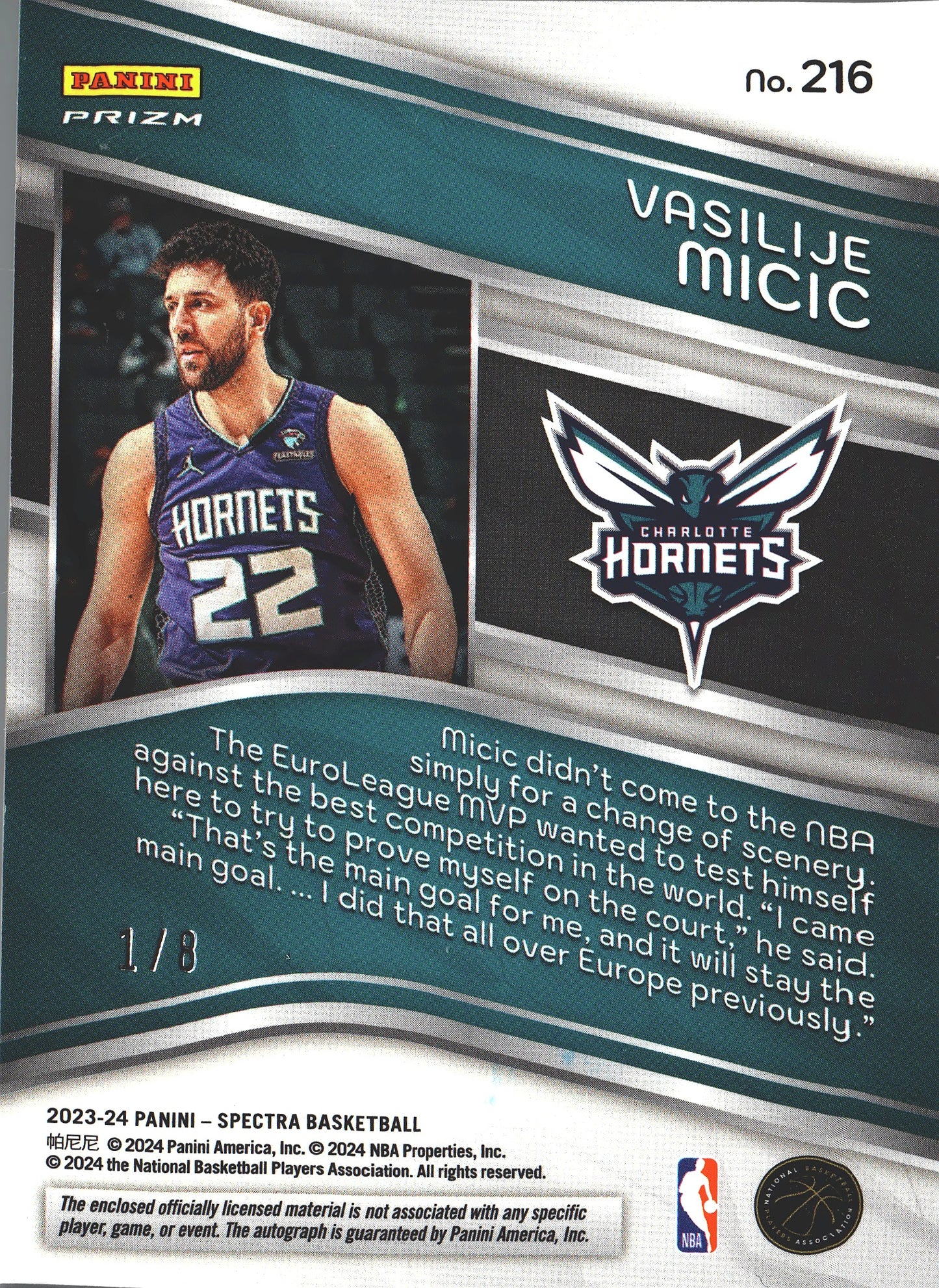 2023 Panini Spectra RC Jersey Auto Neon Splatter /8 Vasilije Micic #216 Charlotte Hornets