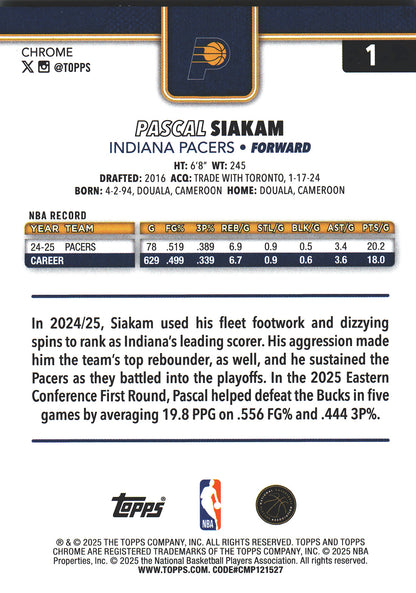 2025 Topps Chrome Aqua /199 Pascal Siakam #1 Indiana Pacers