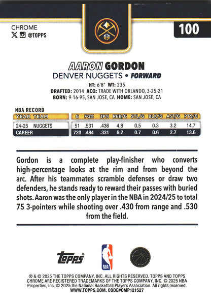 2025 Topps Chrome Gold /50 Aaron Gordon #100 Denver Nuggets