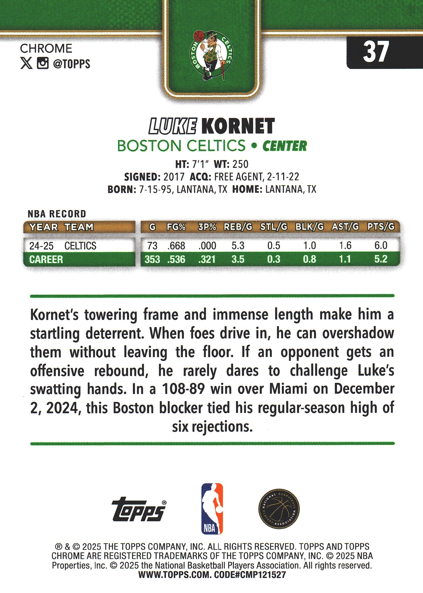 2025 Topps Chrome Teal /299 Luke Kornet #37 Boston Celtics