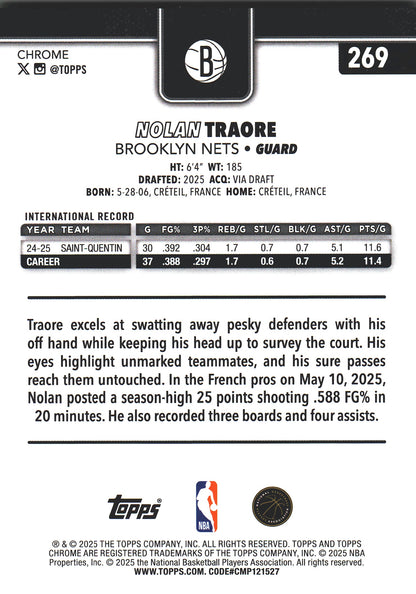 2025 Topps Chrome Green /99 Nolan Traore #269 Brooklyn Nets