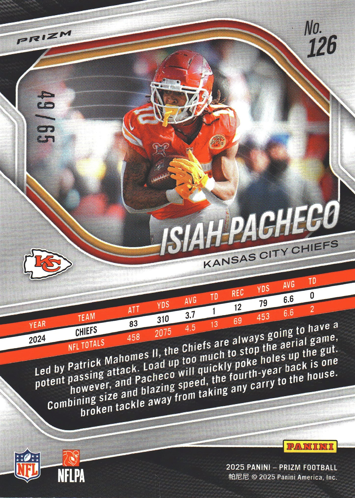 2025 Panini Prizm Orange Wave /65 Isiah Pacheco #126 Kansas City Chiefs